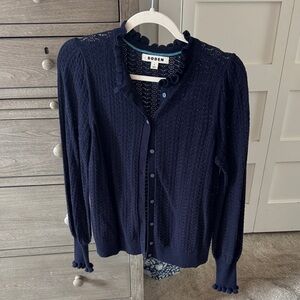 Boden Women's Pointelle Navy Ruffle Collar Sweater